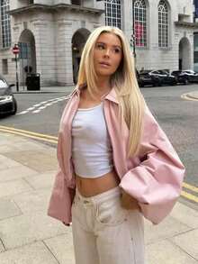 Women's Elegant Lantern Sleeve Baseball Jacket, Vintage Collar Zipper Jacket For Summer Outdoor Wear Pink - Hồng - Xem 1