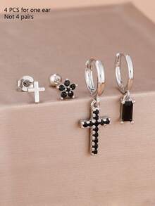 4PCS Fashion Stainless Steel Obsidian Black Little Zirconia Cross Earrings Set Birthday Anniversary Earrings Women Girl Small Gift - 1-silver-4PCS - View 5
