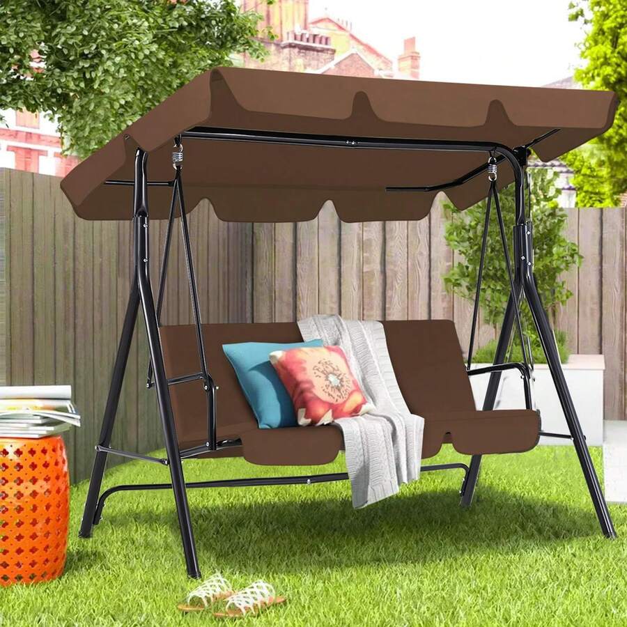 YODOLLA Outdoor Patio Swing Chair, 3 Seater Canopy Swing With Removable Cushion And Weather Resistant Powder Coated Steel Frame - Brown - View 1