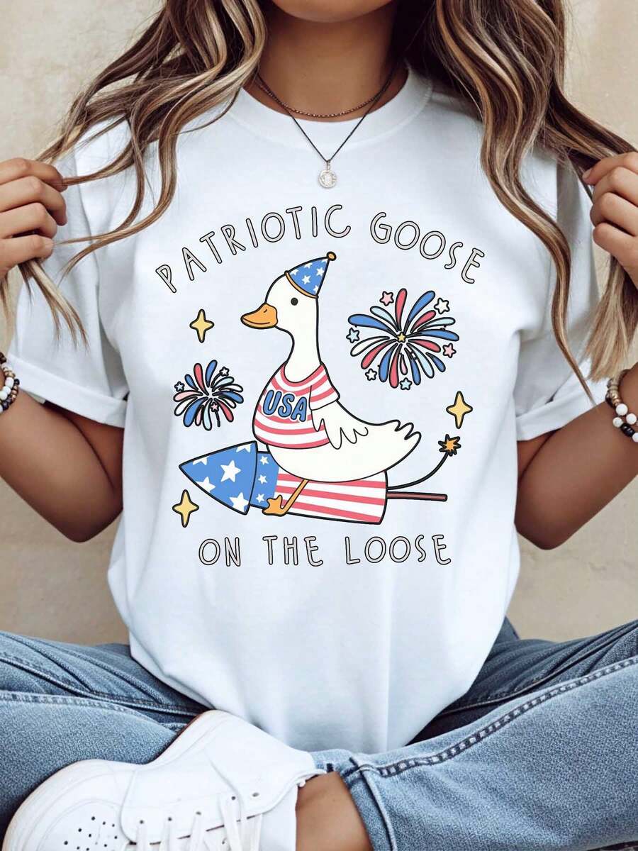 Patriotic Goose On The Loose Usa Flag Duck T Shirt Independence Day Fourth Of July Celebration Graphic Tee For Women Men Unisex Casual Summer Top,220g - 白色 - 查看 1