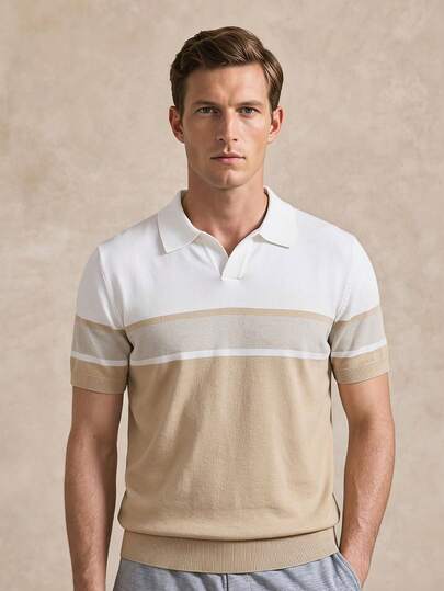 Courvante Men's Colorblock Striped Pattern Short Sleeve Polo Knit Top Summer Two Pieces Set Men Knit Men's Resort Wear Casual Short Sets Co Ord Set, Golf, Father's Day Gift,Daily Commute
