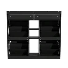Elegante scarpiera nera con 4 ante a battente, 2 cassetti e 3 vani a giorno; perfetta per corridoi e ingressi moderni. Dimensioni: 110 x 26 x 100 cm. - nero - Visualizzare 9