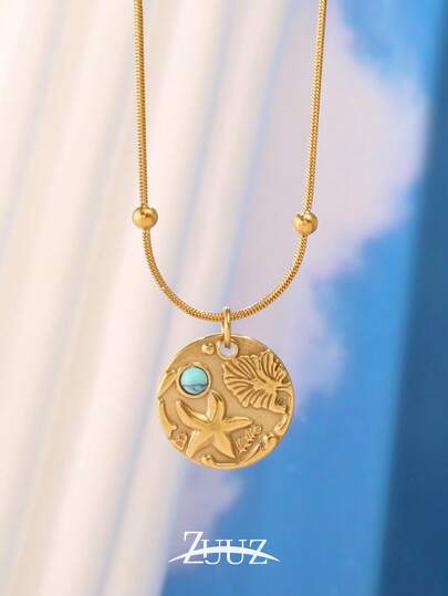 1pc Vintage Ocean Style Stainless Steel Round Starfish Charm Necklace For Women Chain Necklace Daily Wear And Gift For Girlfriend, Mother, Sister
