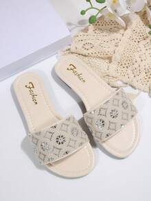 2026 New Flat Slide Sandals/Solid Color, Flat Design, Shiny Vamp, Exquisite Rhinestone Decor, Slip-On Style, Easy To Clean, Elegant & Refined, Fashion Versatile, Suitable For Daily Wear, Shopping, Dating, Vacation, Travel - Beige - View 7