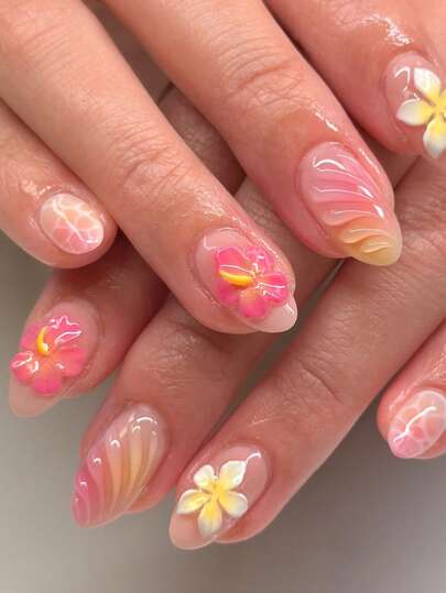 Set de 30 uñas postizas de almendra cortas, estilo Y2K baddie, con borde francés en colores amarillo y rosa, degradado de color amarillo y rosa, con diseños de patrón de tortuga y relieve de flores 3D en las uñas artificiales de gel, adecuadas para mujeres y niñas, para fiestas y uso diario para realzar tu estilo de moda. Incluye 1 pieza de gel de gelatina y 1 pieza de lima de uñas. ¡Gran regalo para damas, suministros de uñas, juegos de arte de uñas de salón!