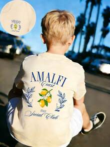 Tween Jungen T-Shirt mit Zitronen-Muster im Amalfi-Küsten-Stil, aus weichem und bequemem Material, geeignet für Tween Jungen Outdoor-Sport, Alltagstragen, Streetwear, Campuswear, modischer Casual-Top für Tween Jungen im Frühling und Sommer - Aprikosenfarben - Übersicht 2