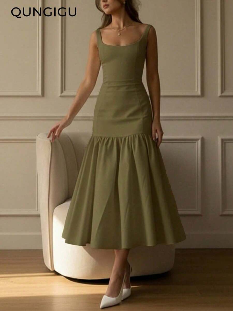 QUNGIGU Women's Elegant Square Neck Long Dress Mermaid Hem Summer Apparel For Wedding Graduation Dating - Green - View 1