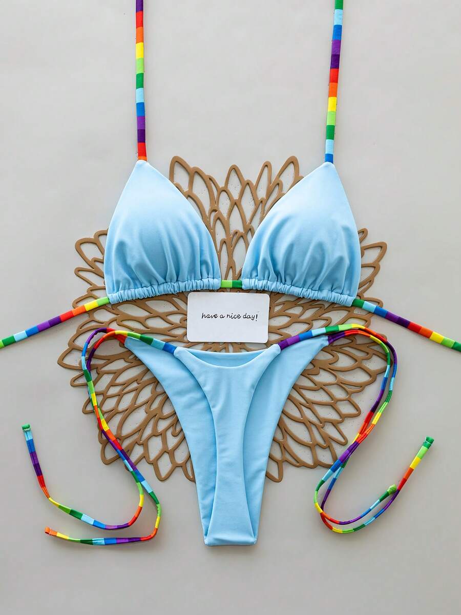Bộ 2 món bikini nữ màu trơn kẻ sọc cầu vồng, kiểu dáng gợi cảm, hở lưng, buộc dây, thích hợp cho kỳ nghỉ, bãi biển, biểu diễn sân khấu & hòa nhạc, kỳ nghỉ hè. - Hồ Xanh - Xem 1
