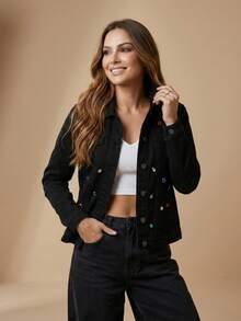 pthirillo Women's Black Denim Jacket Maxi Oversized Denim Black Cotton Long Sleeve Premium Street Style Retro Casual Loose Fit With Pockets Cowboy Style Show Pearls | Basic - 彩色寶石 - 查看 7
