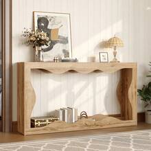 Console Table With Wavy Edges, 2-Tier Shelf, Long Wood-Look Table, Decorative Living Room Table, Entryway Shelf, Natural Edge Design, Side Table - View 2