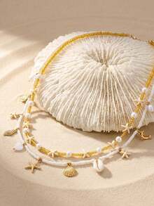 2 piezas Cadena de cintura con estilo bohemio de playa, multicapa con estrella de mar y perlas, accesorios de joyería corporal de moda para mujer, adecuado para verano, playa, fiesta callejera y atuendo de playa - Estilo 2 - Ver 4