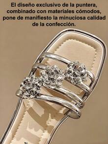 Nuevas sandalias de playa para vacaciones de verano,diseño moda,punta cuadrada,sandalias con flor de strass para mujer,pantuflas planas ligeras ideales para uso diario y salidas - Dorado - Ver 6