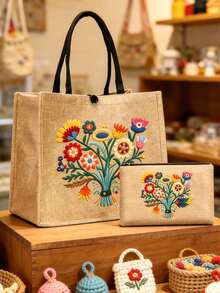 Bohemian Retro Floral Handbag Set, Handbag And Wallet Set, Decoration, Mexican Style Print Including Handbag And Coin Purse - Multicolor - View 2