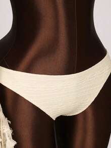 Conjunto de traje de baño de 3 piezas para mujer con top bandeau de unicolor, cuello alto fruncido y bajo fruncido, hecho de tela especial trenzada - Beis - Ver 8