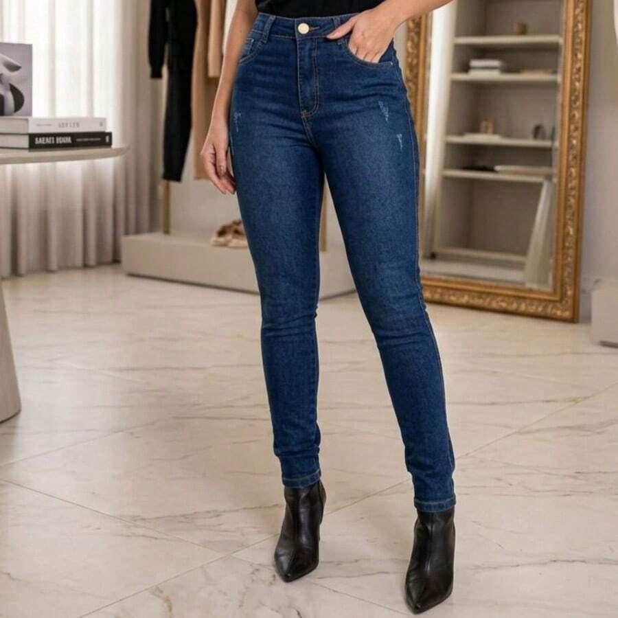 Women's White Jeans With Elastane - Dark Blue - View 1