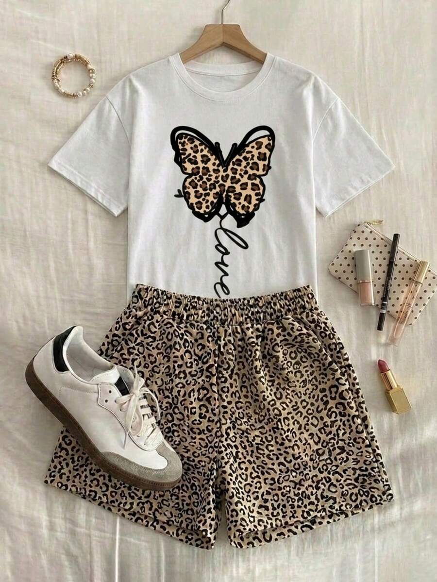 2 piezas Conjunto de top de manga corta con estampado flor y short animal print estampado animal para mujer- Traje de verano de dos piezas para mujer para vacaciones en la playa - Blanco - Ver 1