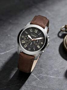 Fossil This Watch Features A Leather Strap, Presenting A Lightweight, Luxurious And Fashionable Style. The Blue Three-Hand Chronograph Dial Is Suitable For Both Business And Casual Occasions. The Watch Is Equipped With A Quartz Movement And Has Water Resistance Functionality. This Is A Men's Watch Model FS4813. - Black - View 1