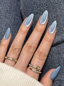 VV MEI JIA ER 30 móng giả mắt mèo màu xanh lấp lấp lánh, cỡ trung bình, miếng dán móng sáng bóng, móng acrylic quyến rũ, miếng dán móng lấp lánh màu đen dễ thương cho ngón út, bao gồm 1 lọ keo và 1 dũa móng. - Màu xanh nhạt - Xem 3