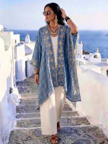1 chiếc khăn choàng/khăn quàng cổ kimono/sarong thêu hoa kẻ caro phong cách Bohemian thanh lịch, thích hợp cho nữ mùa xuân/hè, kiểu dáng sang trọng, nhẹ nhàng, đa năng, phù hợp mặc hàng ngày và làm quà tặng. - Màu xanh lam - Xem 2