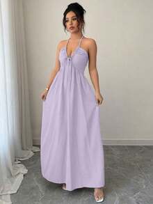 Vestido con cuello halter, espalda anudada y diseño calado acampanado - Morado - Ver 6