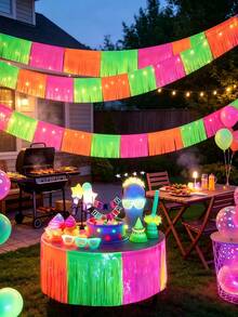 3 Packs Glow In The Dark Party Supplies, 118inch UV Black Light Fluorescent Fringe Garland For Neon Birthday Rave Disco Decorations Photo Booth Backdrop Halloween Table Skirt Decoration - View 3