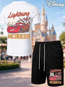 Disney Cars Lightning McQueen Retro Flame 2-Piece Outfit, Summer T-Shirt & Summer Shorts Set, Trophy Racing Graphic, Casual Summer Matching Set For Fans - 白色 - 查看 2