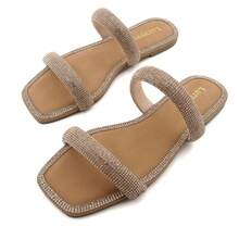 Women's Rhinestone Thong Flat Sandals Open Toe Slide Sandals With Square Toe Bling Strap - 玫瑰金 - 查看 7