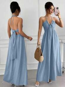 Vestido línea A con escote halter, cordones y espalda descubierta - Azul - Ver 7