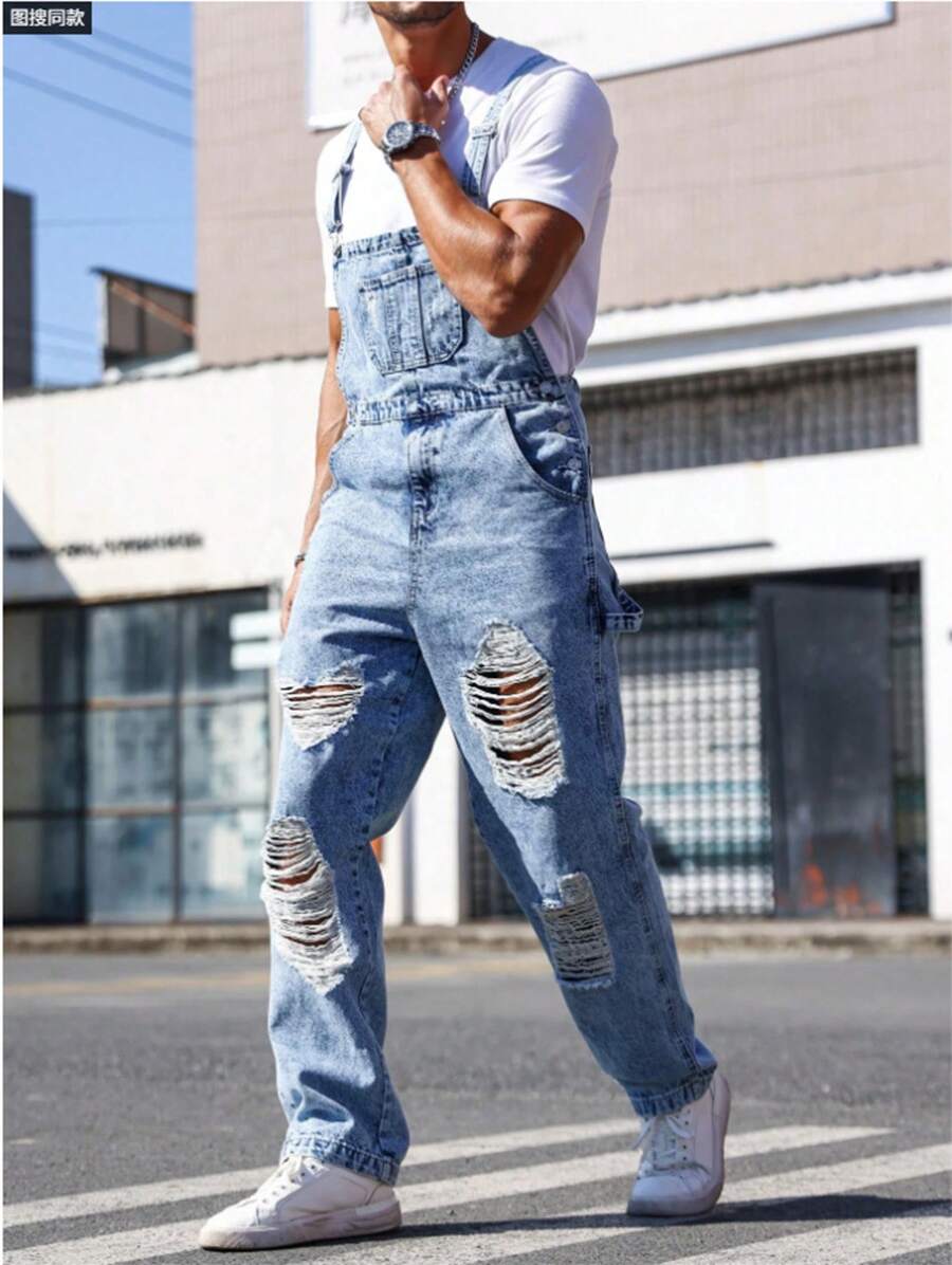 Four Seasons  Men's Denim Overalls, Loose Straight-Leg Fit, American Vintage Multi-Pocket Workwear-Style Casual Pants, Overalls With Distressed Design, Versatile Casual Wear Suitable For Any Occasion, Laid-Back And Minimalist Men's Jeans - Light Blue - View 1