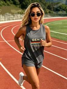 GEN X WE MADE ASH TRAYS IN ART CLASS Retro Distressed Striped Printed Sports Vest Women's Summer Breathable Fitness Sleeveless Top - 灰色 - 查看 6