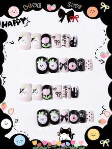 24pcs Y2K Cute Girl Style Cartoon Short Oval Press-On Nail Stickers, Acrylic Material, Full Coverage, Shiny Adorable Patterns Including Cute Cats, Pink & White Tulips, Pink & Black Donuts, Black & White Flowers, Polka Dots, In Black & White Main Colors With Light Pink & Green Accents, Suitable For Children Nail Tips, Girls Gifts, Children's Birthday Party And Makeup Decoration - Multicolor - View 2