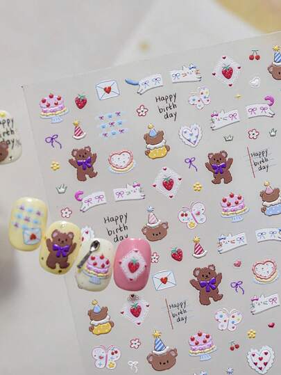 1 Tờ Hình Dán Móng Tay Hình Gấu Sinh Nhật 5D Dập Nổi, Hình Trang Trí Móng Tay Hình Bánh Sinh Nhật & Dâu Tây Dễ Thương, Tự Dính, Chống Thấm Nước, Phong Cách Ngọt Ngào