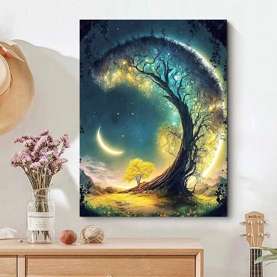Kit de pintura de diamantes 5D - Luna y árbol, pintura de diamantes de diamante completo, regalo de artesanía de decoración del hogar - Ver 1