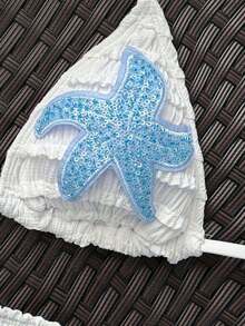 Nuevo conjunto de 2 piezas de traje de baño de verano para mujer con pantalón de pierna recta, top halter con estampado de tela texturizada multicolor con decoración de estrellas de mar, para vacaciones en la playa - Blanco - Ver 7