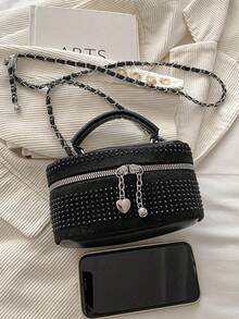Bolso mini ligero, bolso con cadena, bolso acolchado bordado con decoración de strass, textura elegante adecuada para eventos nocturnos - Negro - Ver 9