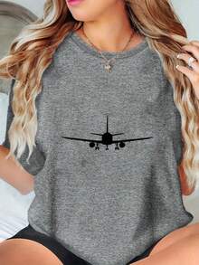 Airplane/Airplane/Planes Print T-Shirt - Soft Breathable Quick-Dry Short Sleeve Round Neck Casual Summer Outdoor Wear, All- Comfortable Tee Suitable For, Travel & Everyday Outfits Women's Casual Loose Sportswear,Daily Everyday Wear & Holiday Leisure Apparel - 灰色 - 查看 7