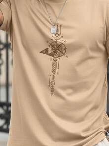 Stylish Basic Short-Sleeve Men's T-Shirt With Compass Street Print, Breathable Fabric - Beis - Ver 2