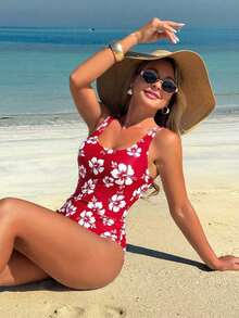 Swim Lushoire Traje de baño de una pieza con estampado floral y nudo, adecuado para vacaciones - Multicolor - Ver 4