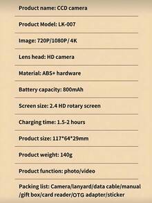 1080P HD Portable Digital Camera, Suitable For Photography And Video Recording, Auto Focus Function, High Pixel Resolution, Anti-Shake Technology, 180° Flip Screen, 8x Digital Zoom Function, (Built-In 800mAh Rechargeable Battery) - View 11