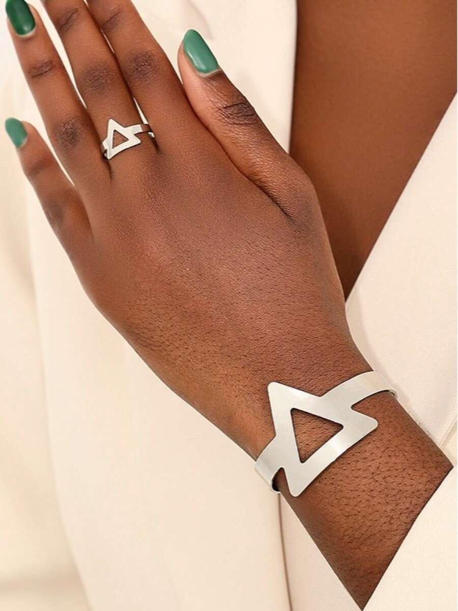 Women's Geometric Triangle Minimalist Bracelet And Ring Set, Gold/Silver Plated, Elegant, Adjustable - 銀色 - 查看 1