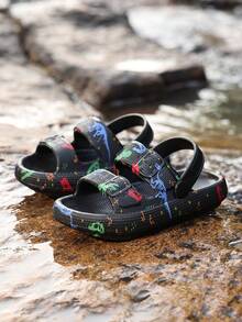 1 Pair Boys' Comfortable Fashionable Camouflage & Big Dinosaur Unique Print Soft Sole Sandals, Spring/Summer - Black - View 2