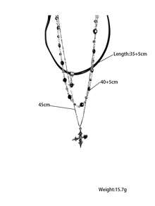 Edgy Chic Black Cross Pendant Necklace, Multi-Layer Chain Choker Necklace, Delicate Collarbone Chain - Black - View 8