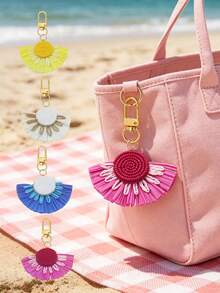 Summer Boho Raffia Daisy Keychain, Handwoven Tassel Bag Charm, Colorful Fan-Shaped Key Ring With Gold Clasp, Beach Style Accessory For Women, Cute Woven Flower Key Holder For Handbags & Backpacks, Lightweight, Durable & Reusable, Multi-Color Options, Perfect For Vacation, Daily Use & Gifting - Multicolor - View 5