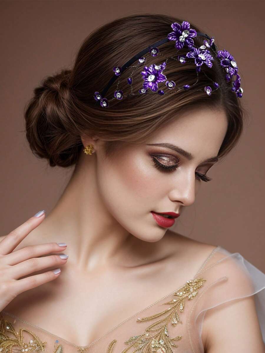 1 pièce Serre-tête en résine violette avec fleur et strass, Accessoire de mode pour cheveux, Coiffe de mariée, Accessoire de cheveux pour mariage, fête, bal, femmes, printemps/été, festival, anniversaire