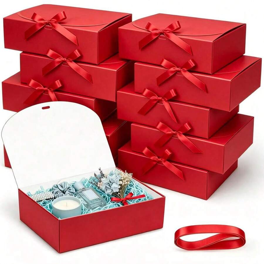 Set 10 Buah Kotak Hadiah dengan Tutup, Warna Merah, Ukuran 10,6 x 7,8 x 3,1 Inci, Dilengkapi Pita Merah, Cocok untuk Kotak Undangan Pengiring Pengantin, Hadiah Pernikahan, Hadiah Ulang Tahun, Suvenir Pesta, Dekorasi, Hadiah Hari Valentine, Kotak Pengantin