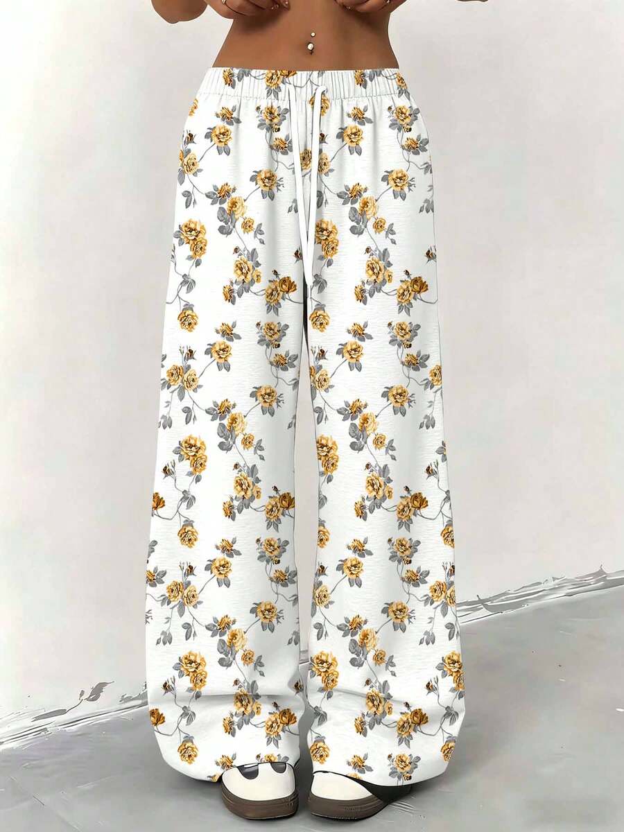Women Straight Leg Wide Leg Pants Yellow Floral Print Casual Comfortable Loose Fit For Everyday Wear And Light Exercise 250g - 彩色 - 查看 1