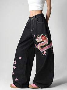 1件美式街頭風女款刺繡寬鬆寬腿牛仔長褲 時尚休閒黑色四季款 - 黑色 - 查看 4
