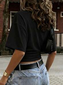 Áo croptop nữ màu đen, cổ tròn, tay ngắn, thích hợp mặc thường ngày vào mùa hè. - màu đen - Xem 5
