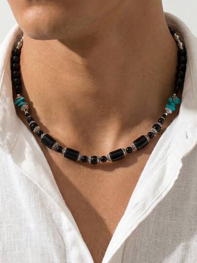 1 chiếc vòng cổ nam cổ điển màu đen đính hạt cườm với điểm nhấn màu ngọc lam, phụ kiện thời trang đường phố thiết yếu.