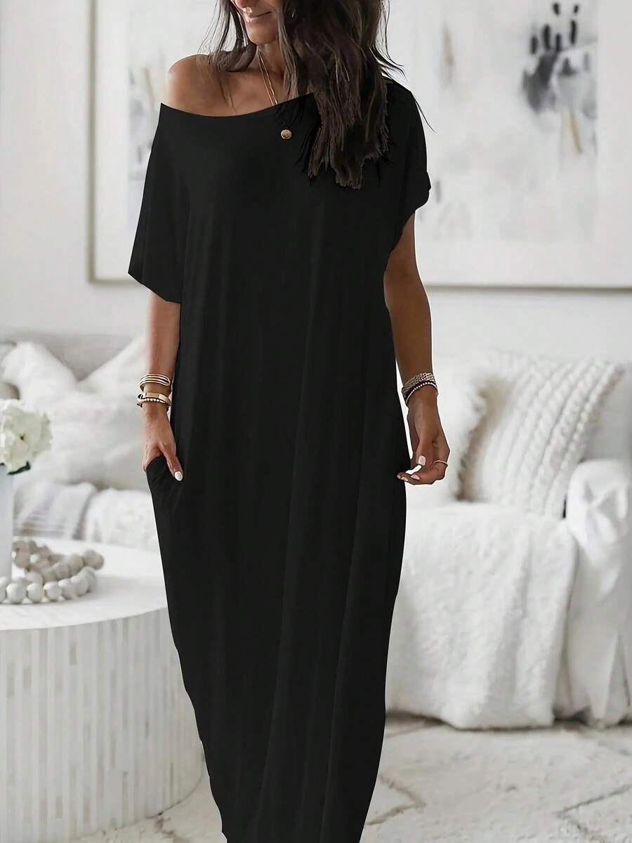 ZZL Women's Solid Color Batwing Sleeve Lounge Dress, Casual Comfy Short Sleeve Nightdress For Daily Wear, Ladies Loungewear Sleepwear For All Seasons, Womenswear - 黑色 - 查看 1